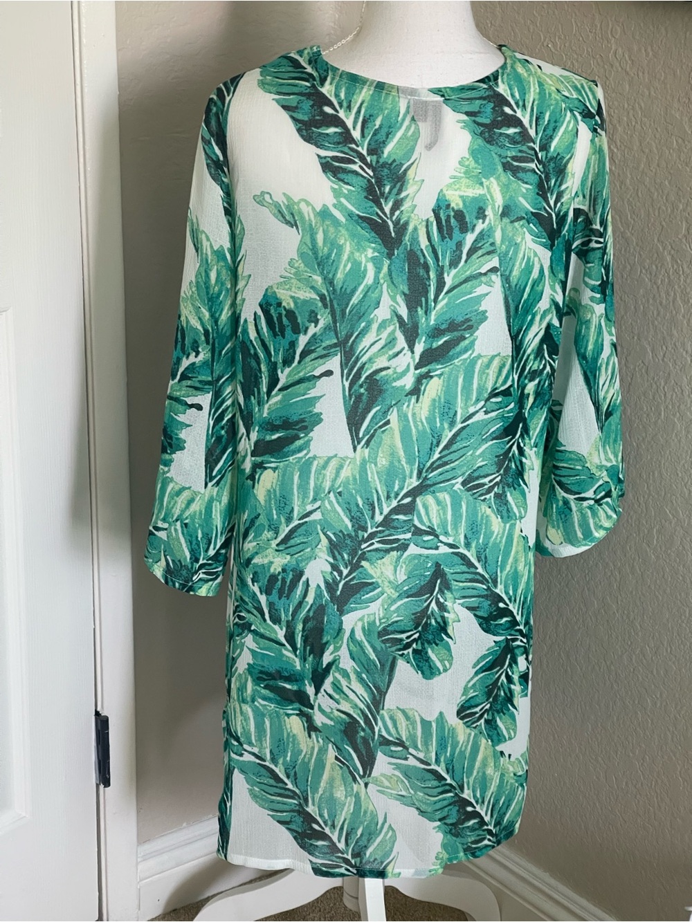 Green Leaf-Print Lace-Up Swim Coverup Tunic - Picture 2 of 5
